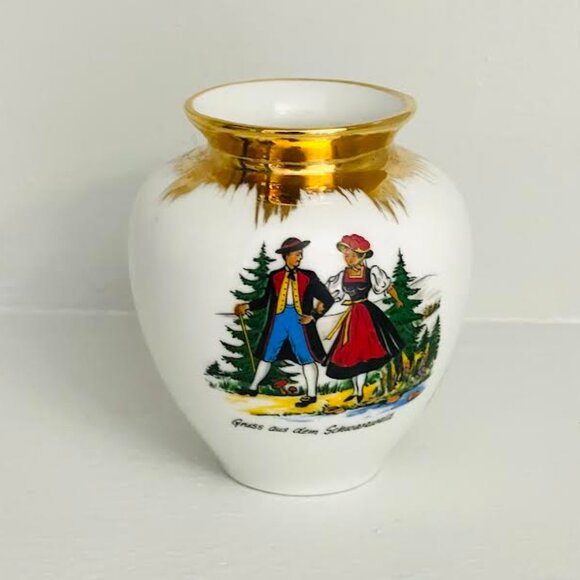 A Mini Vintage Porcelain Hand Painted Gold Trim Bud Vase By Schwarzwald Malsch - Picture 2 of 7